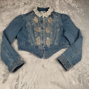 Vintage 90s Y2k Denim Jacket Womens Sz 12 Lace Fairy Whimsygoth Embroidered